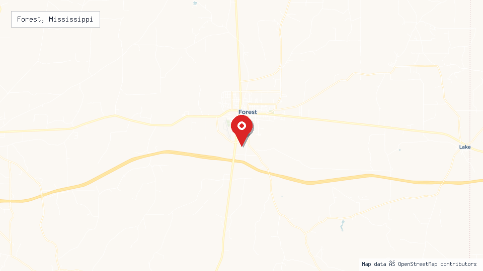 Street map of Forest, Mississippi with location pin