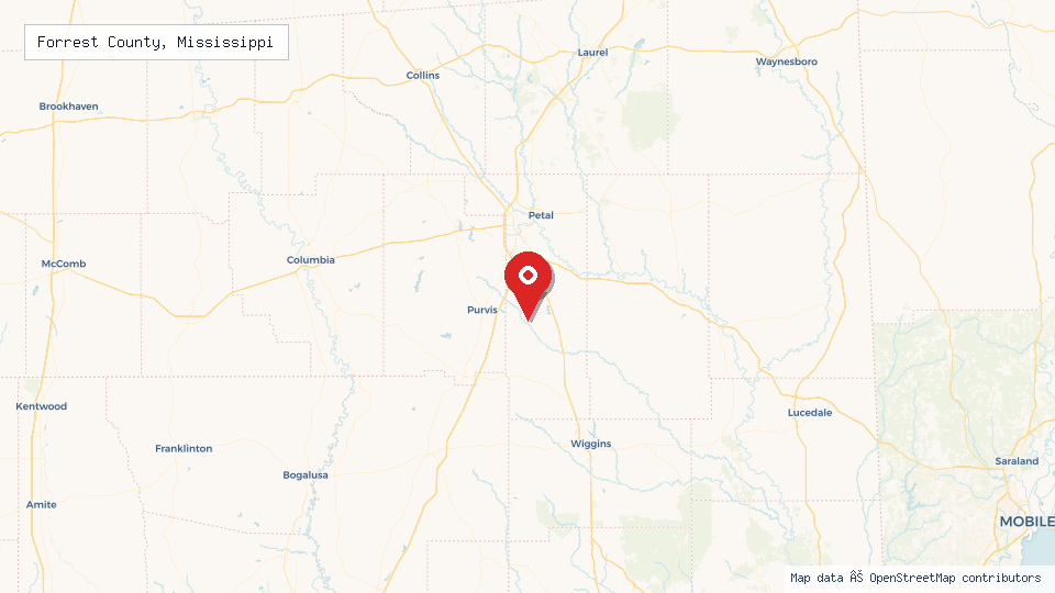 Street map of Forrest County, Mississippi with location pin