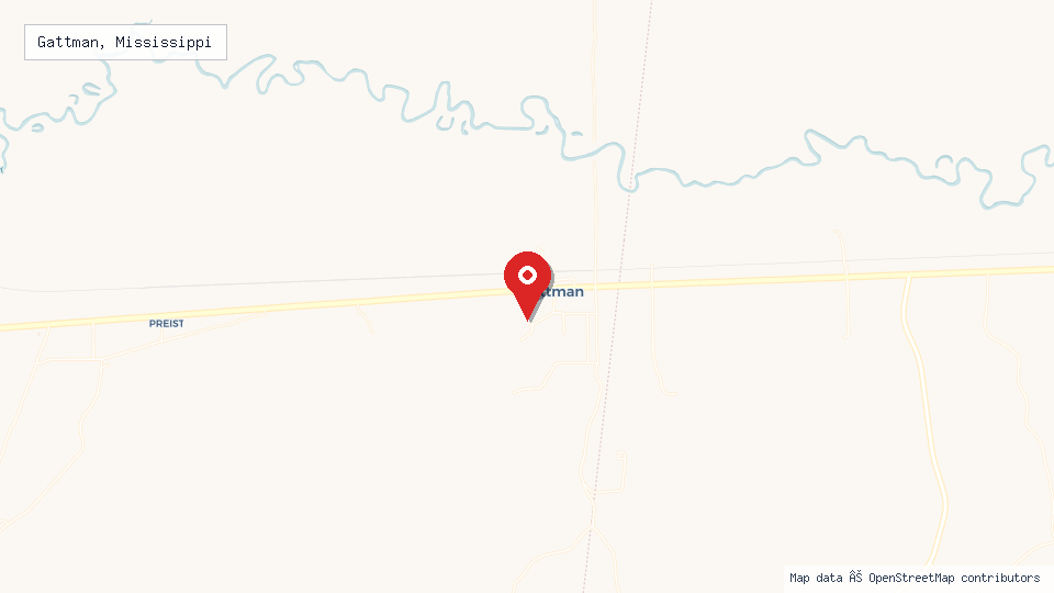 Street map of Gattman, Mississippi with location pin
