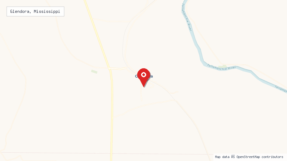 Street map of Glendora, Mississippi with location pin