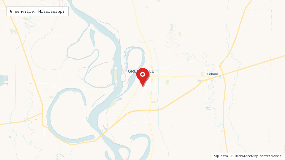 Street map of Greenville, Mississippi with location pin