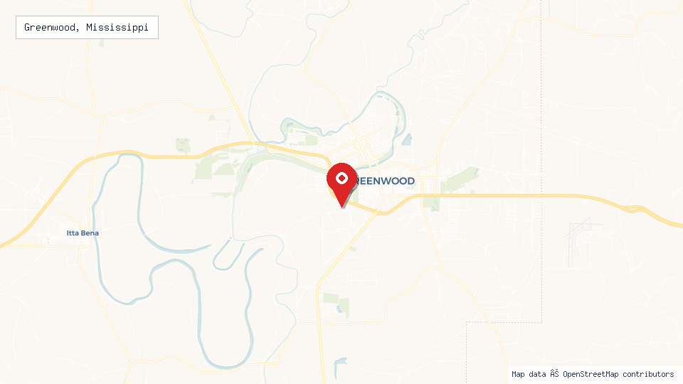 Street map of Greenwood, Mississippi with location pin