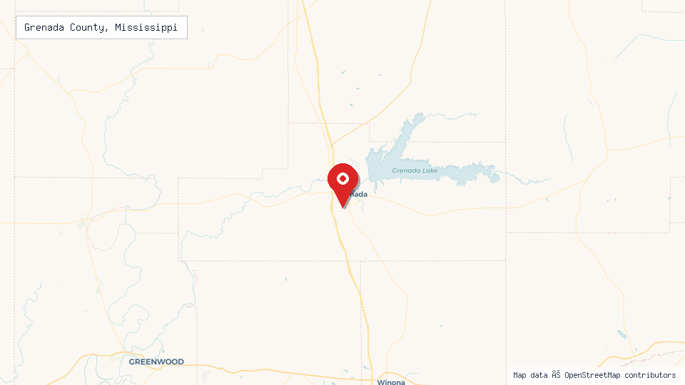 Street map of Grenada County, Mississippi with location pin