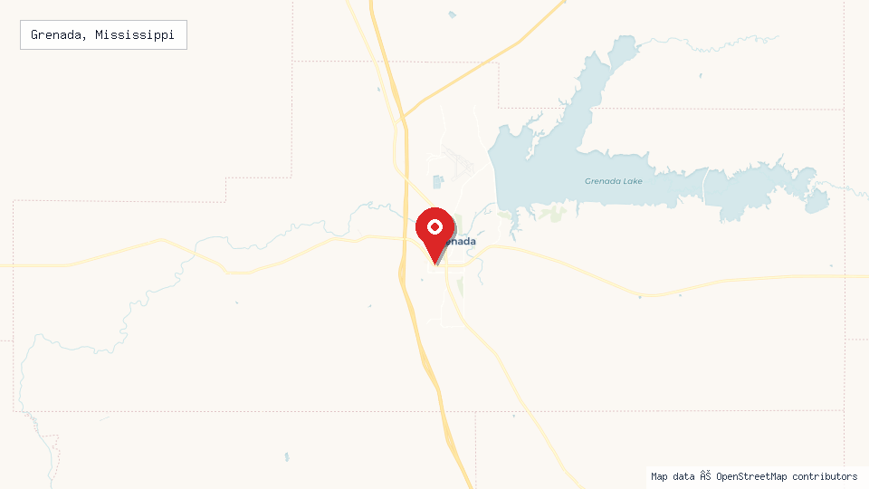 Street map of Grenada, Mississippi with location pin