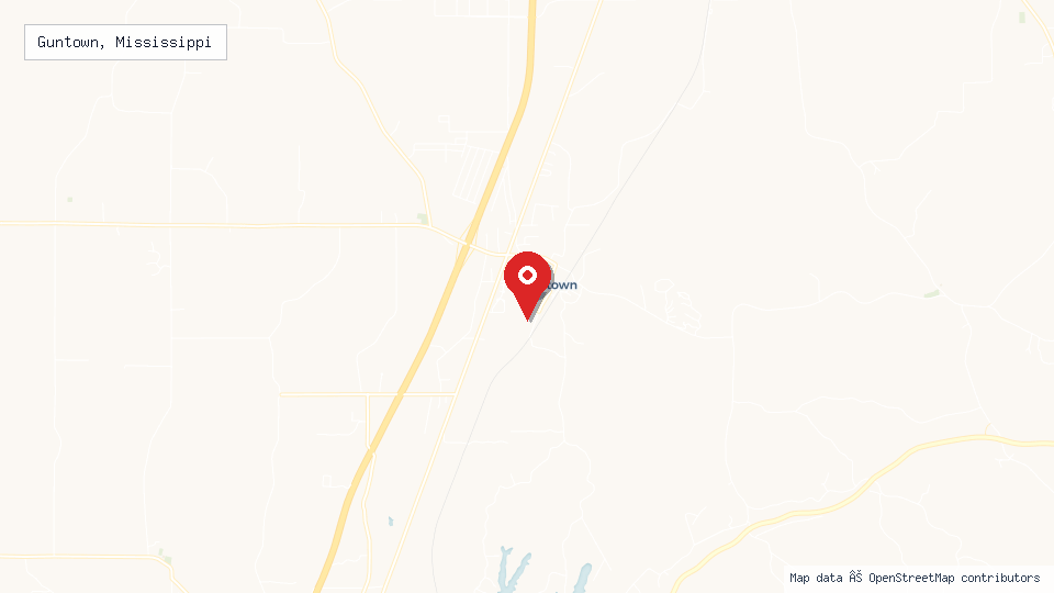 Street map of Guntown, Mississippi with location pin