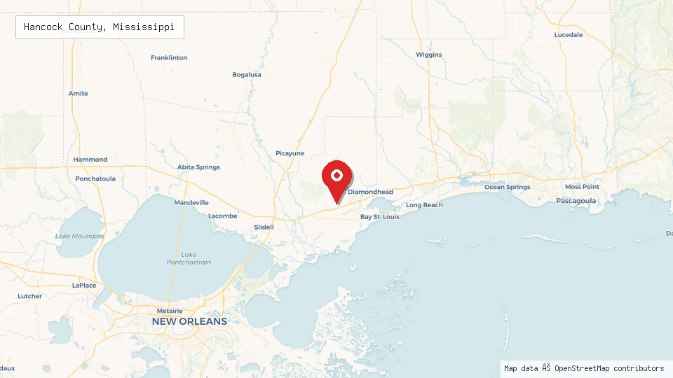 Street map of Hancock County, Mississippi with location pin