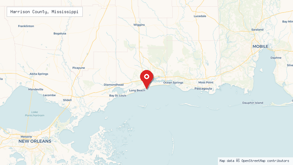 Street map of Harrison County, Mississippi with location pin