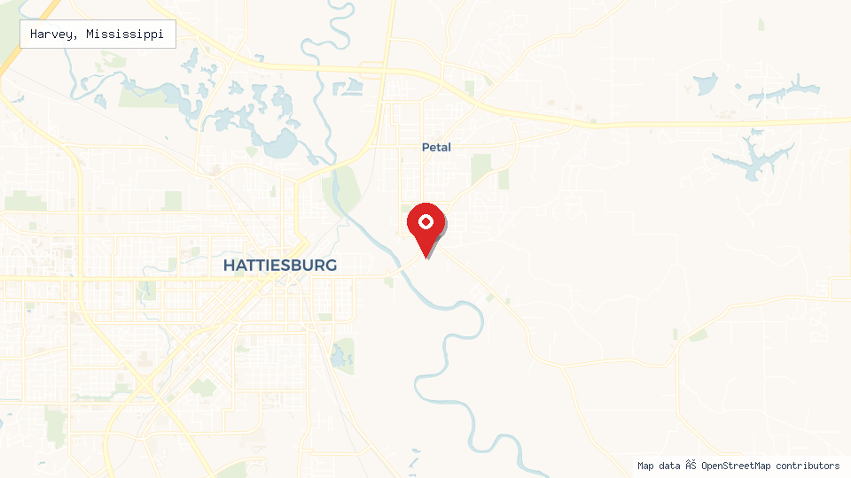 Street map of Harvey, Mississippi with location pin