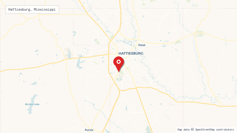 Street map of Hattiesburg, Mississippi with location pin