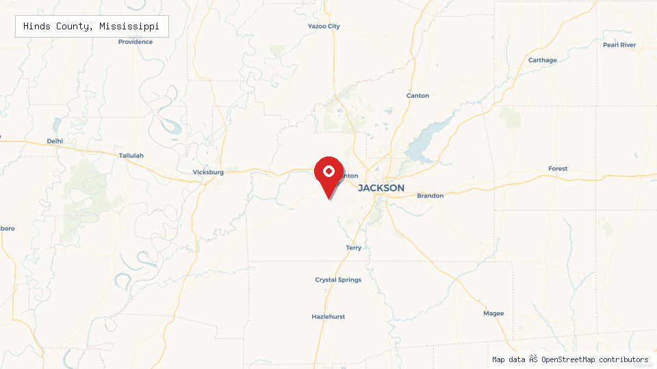 Street map of Hinds County, Mississippi with location pin