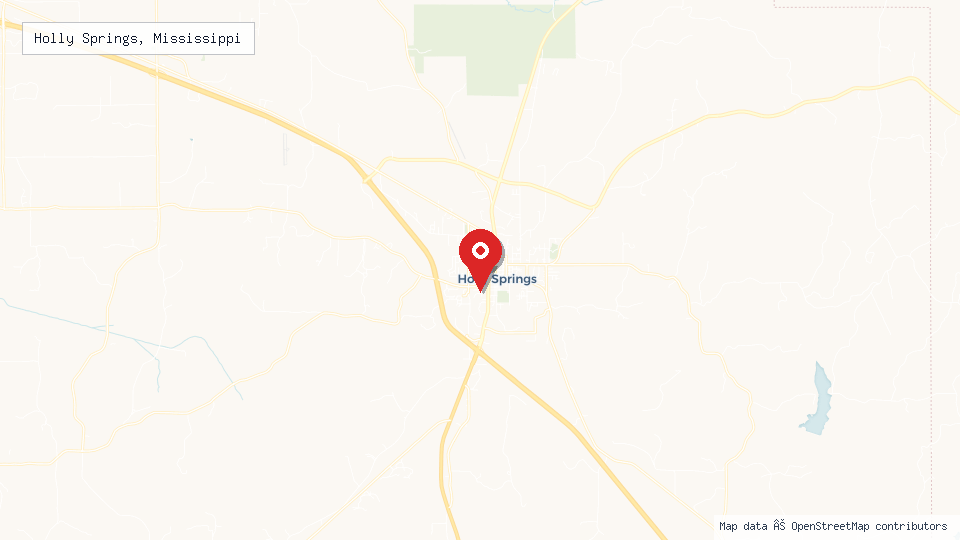 Street map of Holly Springs, Mississippi with location pin