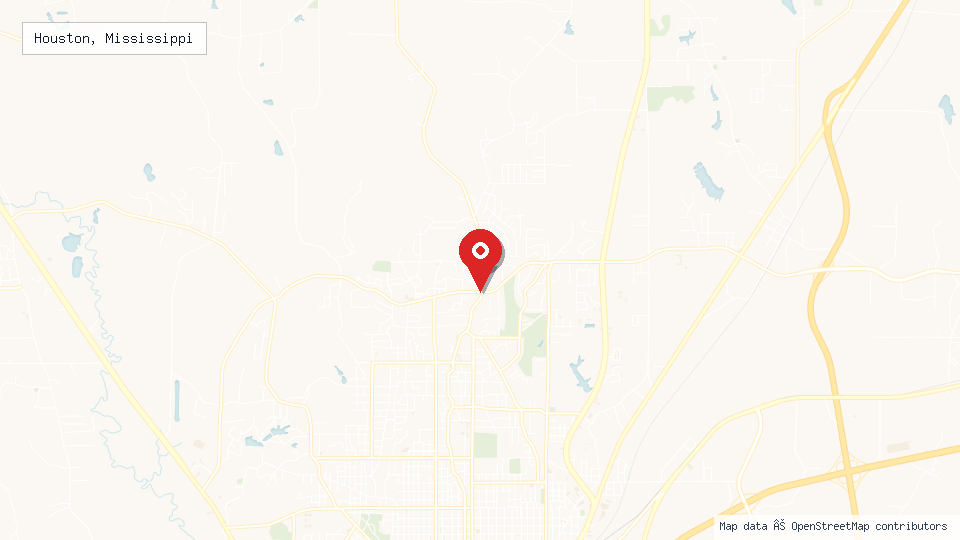 Street map of Houston, Mississippi with location pin
