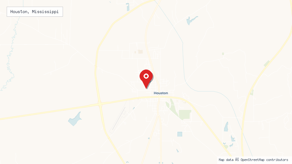 Street map of Houston, Mississippi with location pin