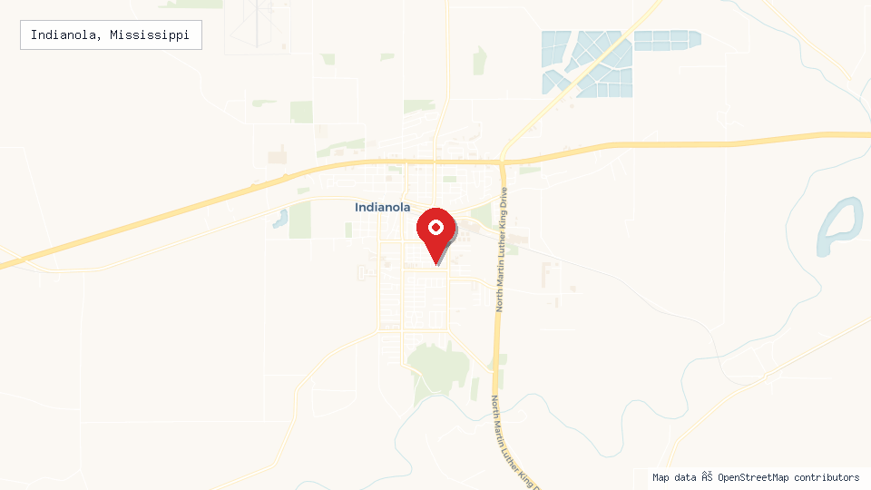 Street map of Indianola, Mississippi with location pin