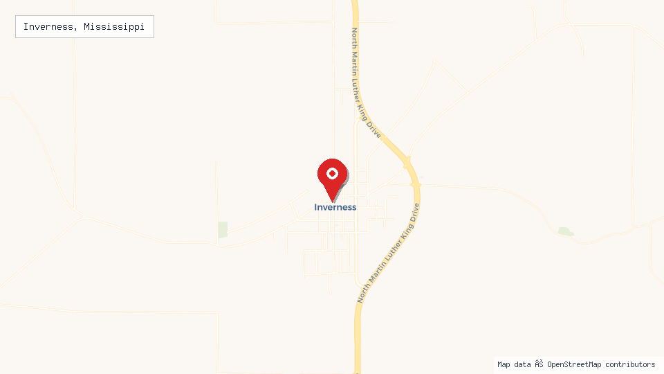 Street map of Inverness, Mississippi with location pin