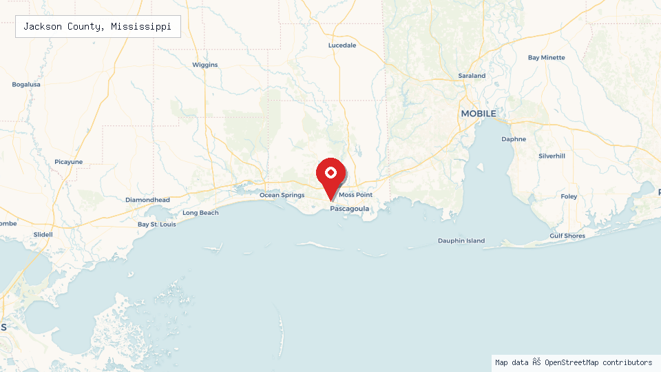Street map of Jackson County, Mississippi with location pin