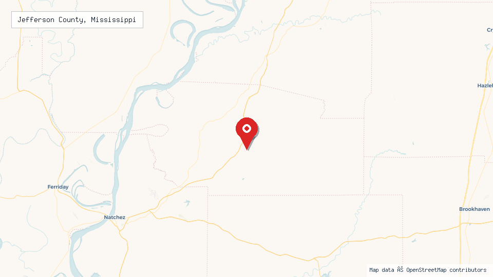 Street map of Jefferson County, Mississippi with location pin