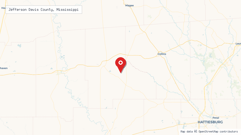 Street map of Jefferson Davis County, Mississippi with location pin