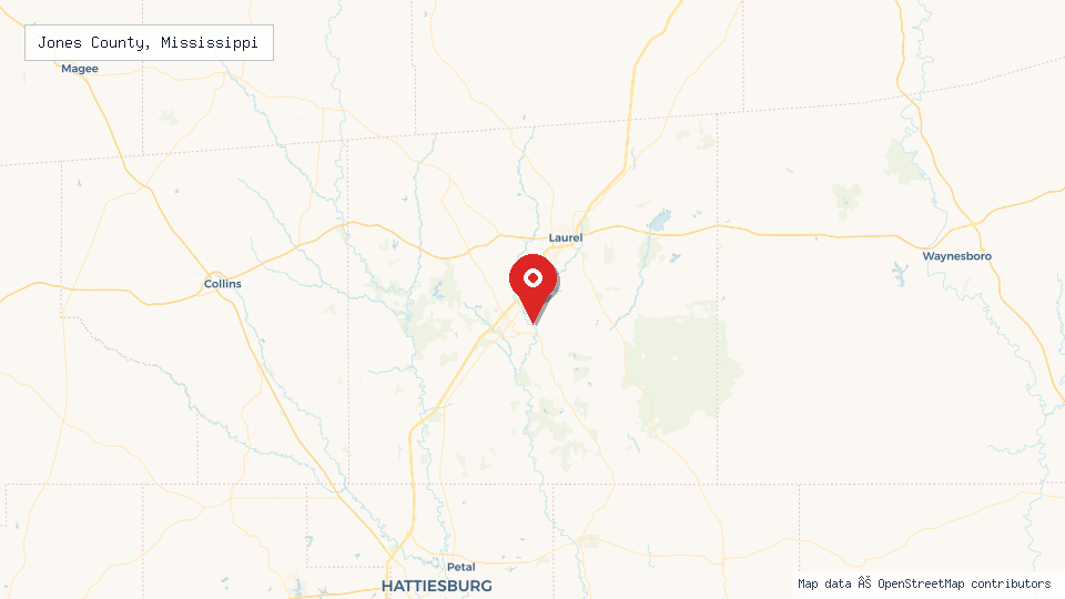 Street map of Jones County, Mississippi with location pin