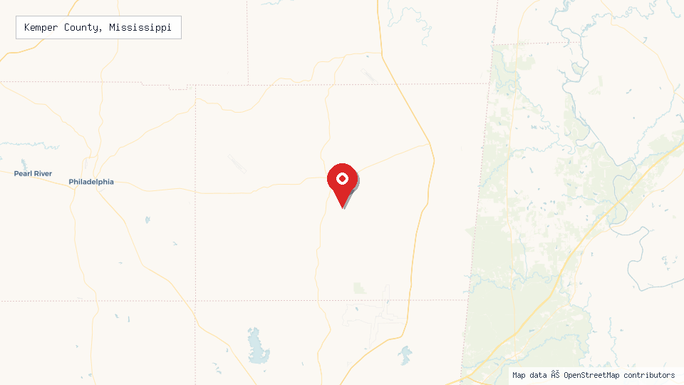 Street map of Kemper County, Mississippi with location pin