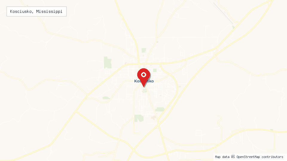 Street map of Kosciusko, Mississippi with location pin