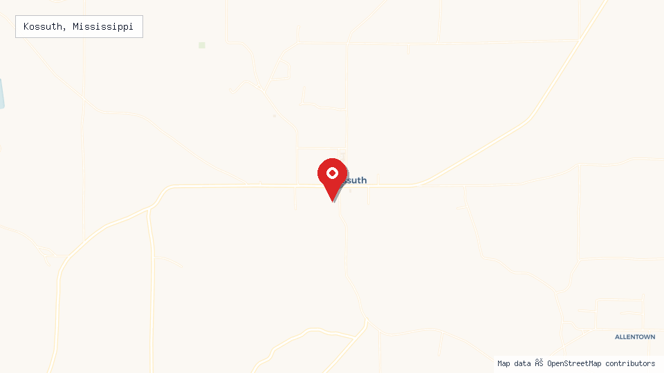 Street map of Kossuth, Mississippi with location pin