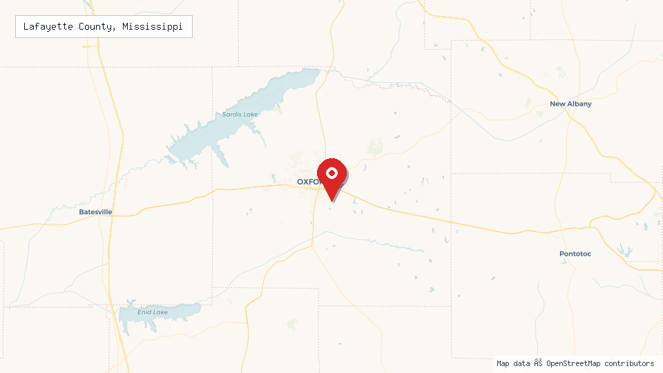 Street map of Lafayette County, Mississippi with location pin