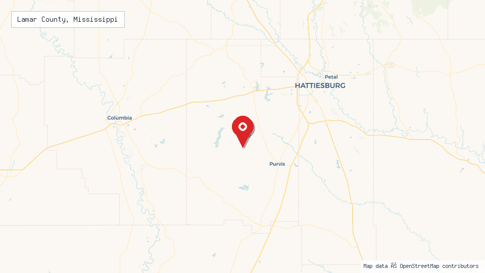 Street map of Lamar County, Mississippi with location pin