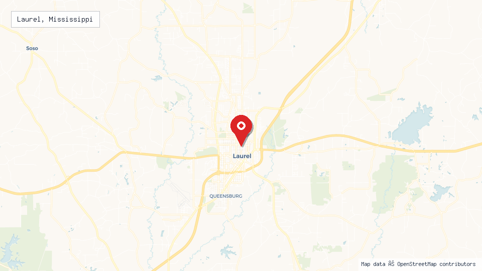 Street map of Laurel, Mississippi with location pin