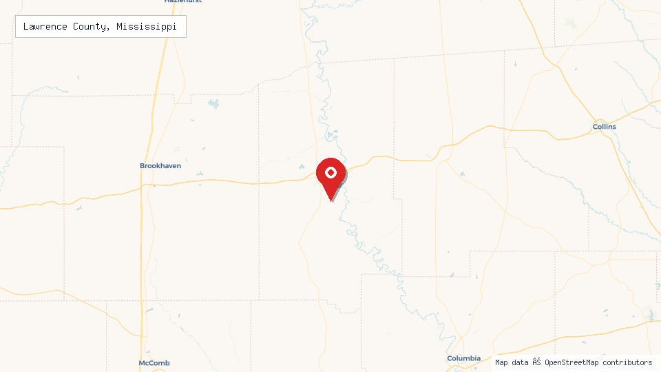 Street map of Lawrence County, Mississippi with location pin