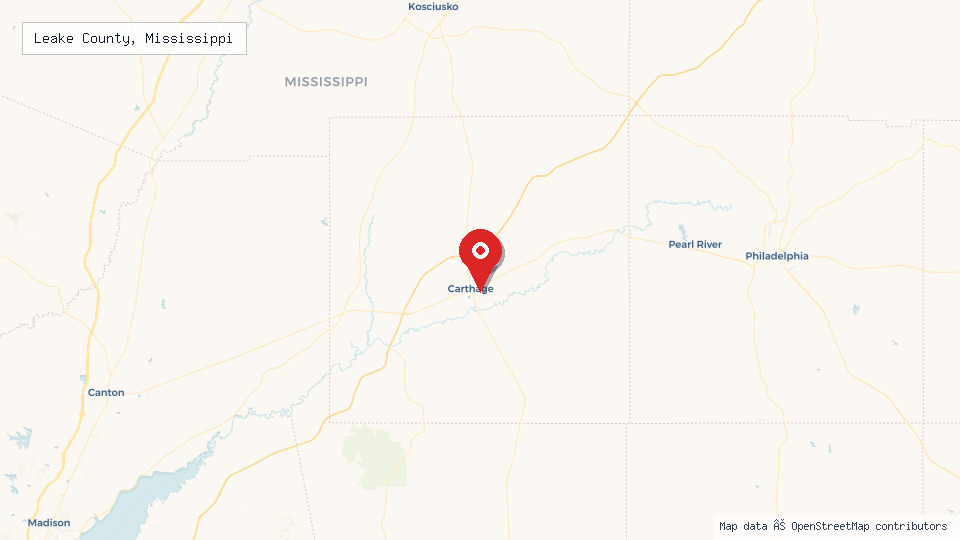 Street map of Leake County, Mississippi with location pin