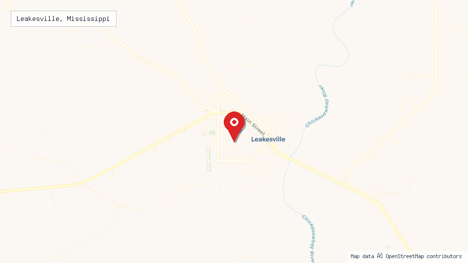 Street map of Leakesville, Mississippi with location pin