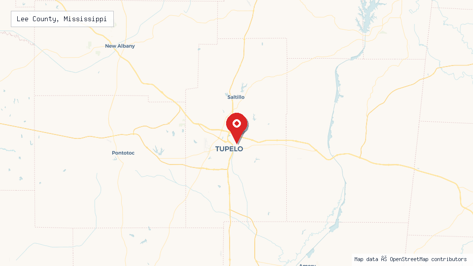 Street map of Lee County, Mississippi with location pin