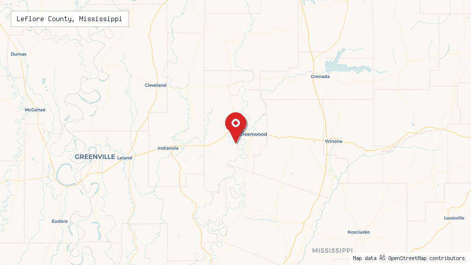 Street map of Leflore County, Mississippi with location pin
