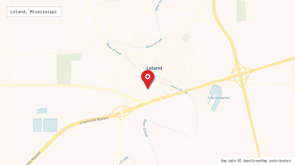 Street map of Leland, Mississippi with location pin