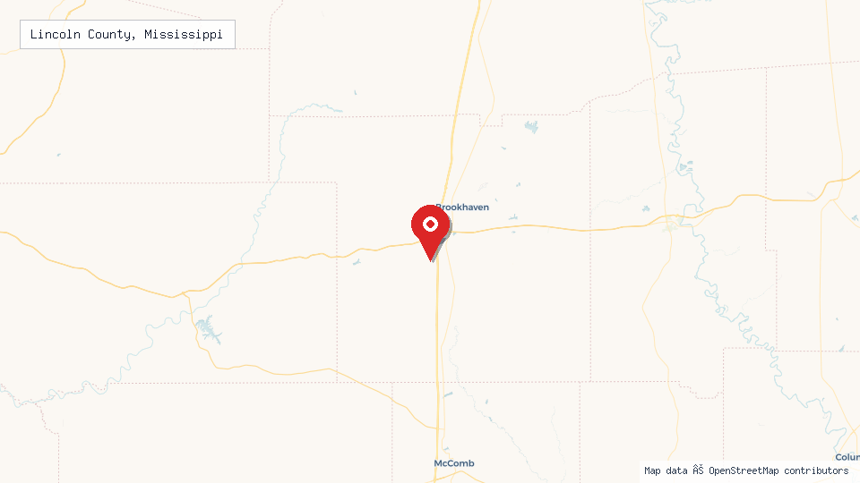 Street map of Lincoln County, Mississippi with location pin