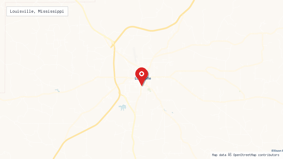 Street map of Louisville, Mississippi with location pin