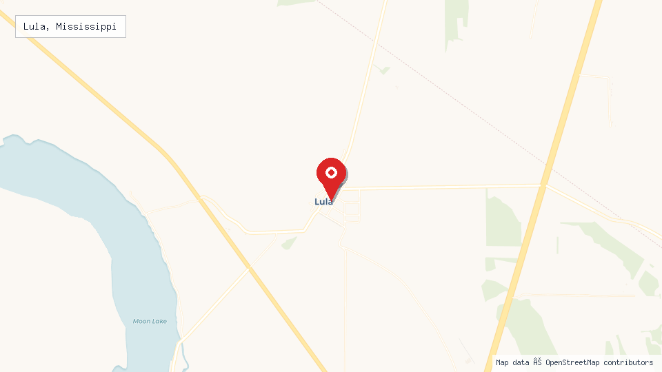 Street map of Lula, Mississippi with location pin
