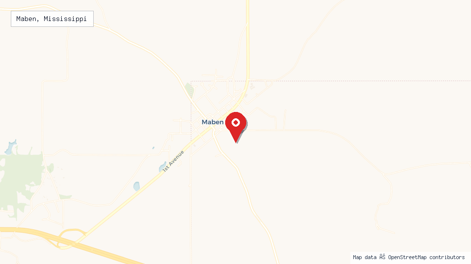 Street map of Maben, Mississippi with location pin