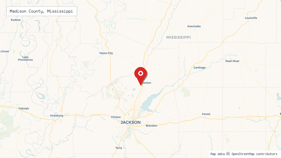 Street map of Madison County, Mississippi with location pin