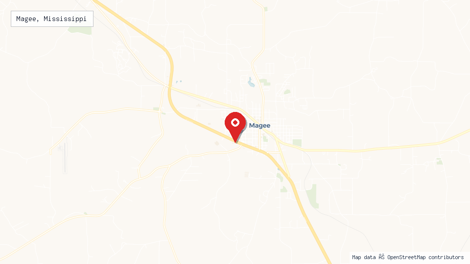 Street map of Magee, Mississippi with location pin
