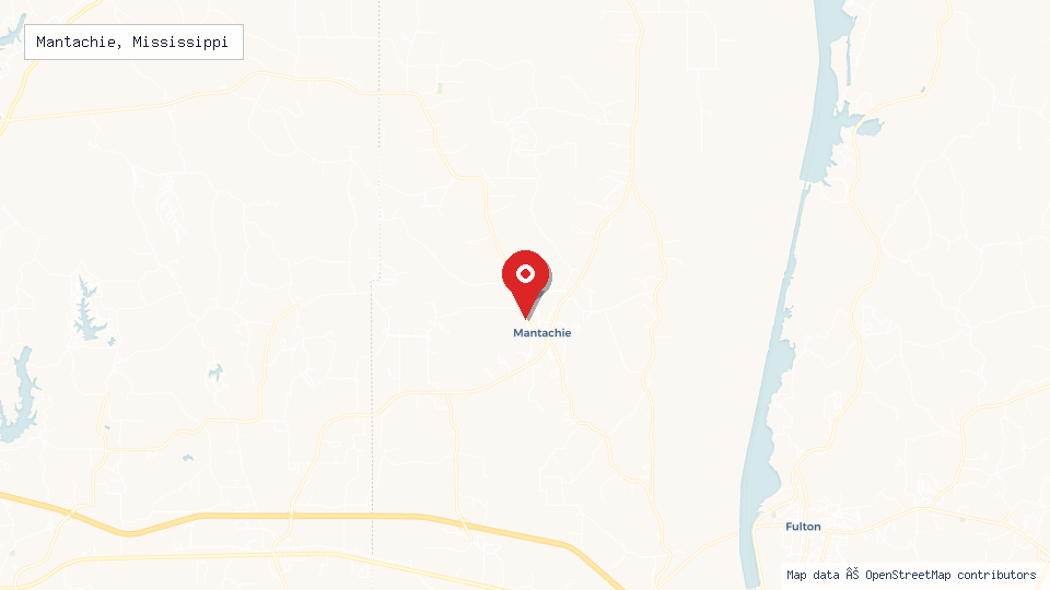 Street map of Mantachie, Mississippi with location pin