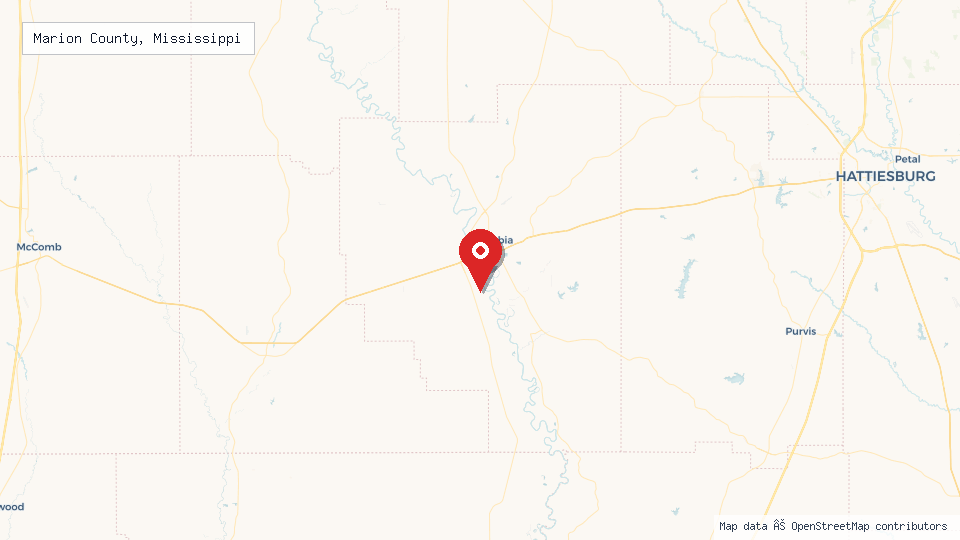 Street map of Marion County, Mississippi with location pin