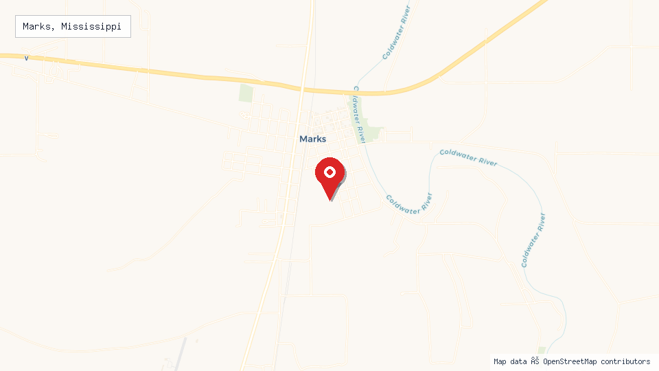 Street map of Marks, Mississippi with location pin