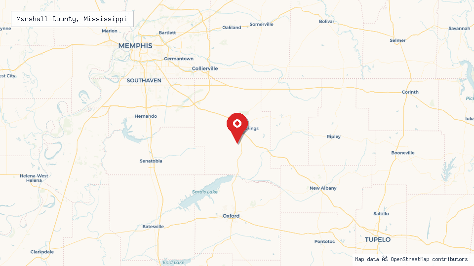 Street map of Marshall County, Mississippi with location pin