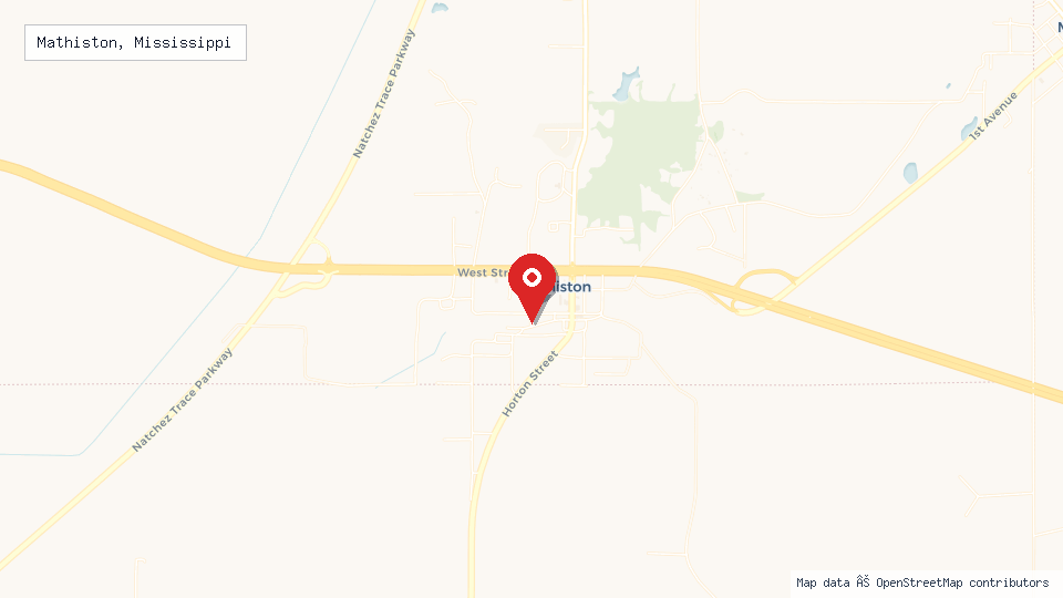 Street map of Mathiston, Mississippi with location pin