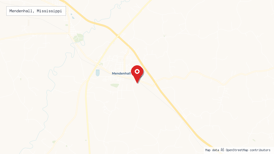 Street map of Mendenhall, Mississippi with location pin
