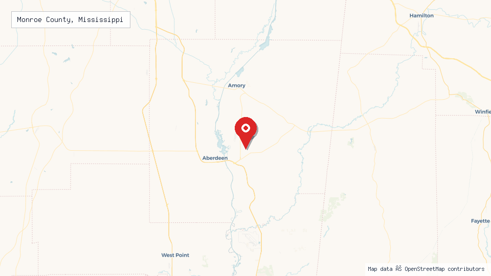 Street map of Monroe County, Mississippi with location pin