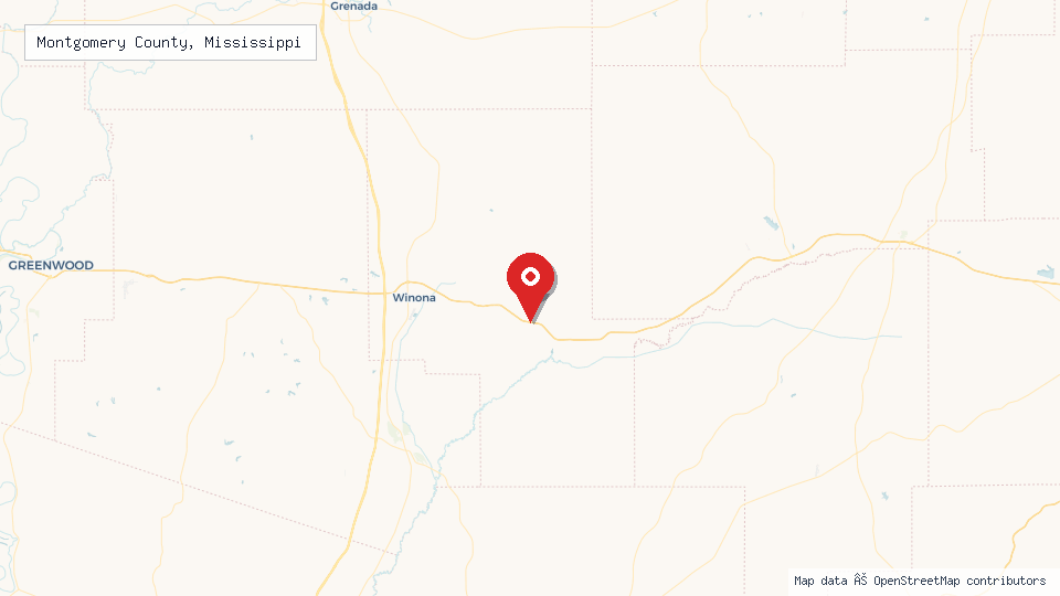 Street map of Montgomery County, Mississippi with location pin