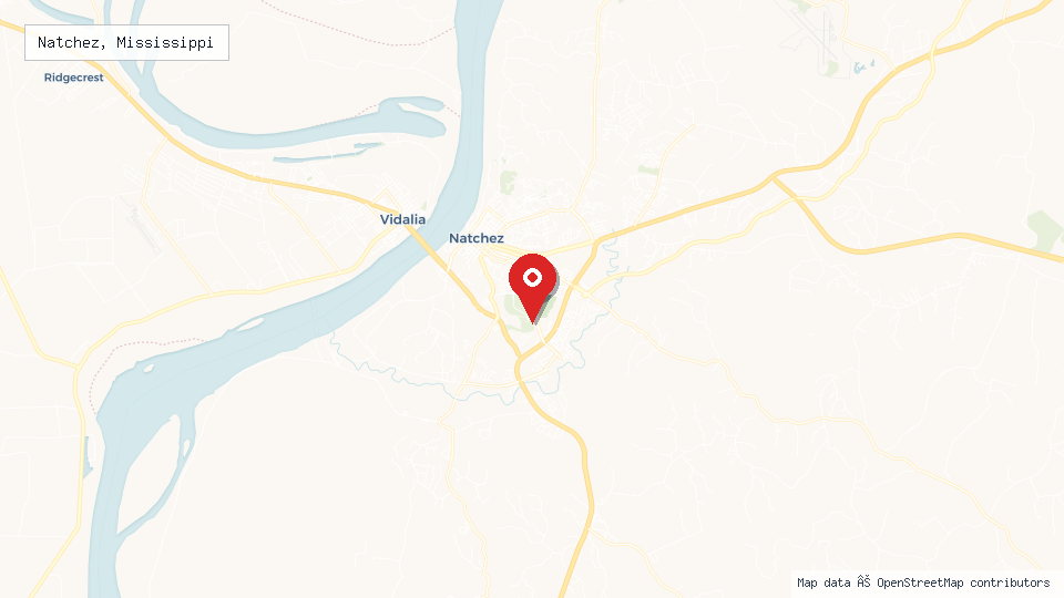 Street map of Natchez, Mississippi with location pin